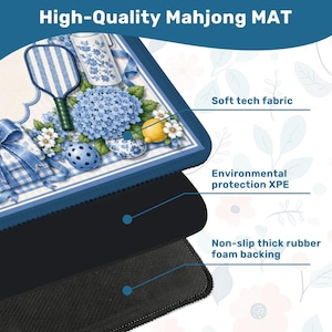 May include: A high-quality Mahjong mat with a blue and white floral design. The mat features a soft tech fabric, environmental protection XPE, and a non-slip thick rubber foam backing. The top layer has a decorative pattern with a blue and white theme, including a lemon and flowers.