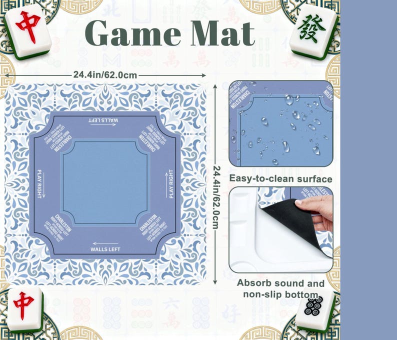 Puede incluir: Un tapete de juego azul y blanco, de 62,0 cm cuadrados, con las palabras "Game Mat" en la parte superior. El tapete presenta un &aacute;rea de juego central y texto que indica "Walls Left" y "Play Right". Tiene una superficie f&aacute;cil de limpiar y un fondo antideslizante.