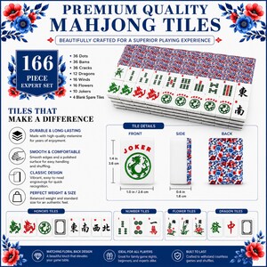 Blue & Red Mahjong Bundle Set, 166 Mahjong Tiles, Mahjong Mat and Carry Bag, Floral Mahjong Set, American Mahjong Gift Set image 2