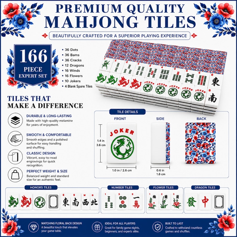 Blue & Red Mahjong Bundle Set, 166 Mahjong Tiles, Mahjong Mat and Carry Bag, Floral Mahjong Set, American Mahjong Gift Set image 2