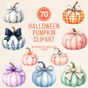 Halloween Pumpkin Clipart Watercolor PNG Bundle,Pastel Bows, Scrapbooking, Gingham and toile pumpkins, Sublimation, Digital Download