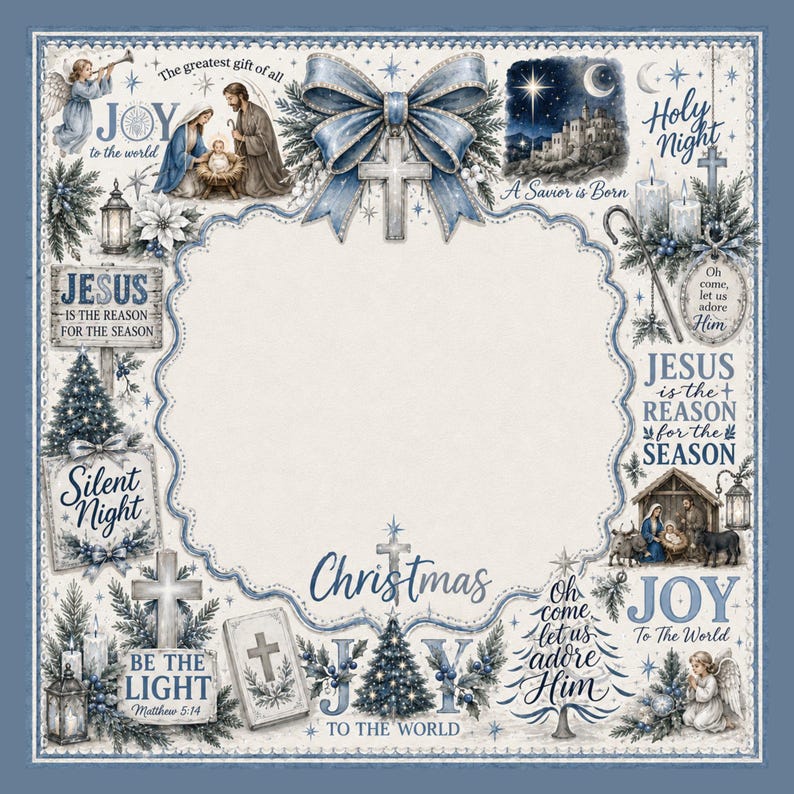 May include: A Christmas-themed design with a blue and white color scheme. The image features religious imagery, including a nativity scene, angels, crosses, and text that reads "Jesus is the reason for the season" and "Silent Night".