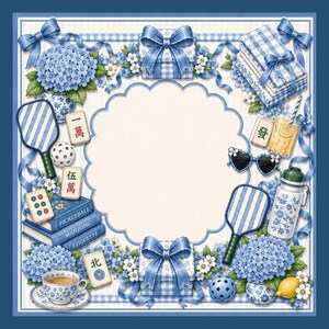 May include: A decorative illustration with a blue and white theme. It features a variety of objects, including a pickleball paddle, a cup of tea, books, and a gift box, all arranged around a central, scalloped frame. Hydrangeas and ribbons add to the aesthetic.