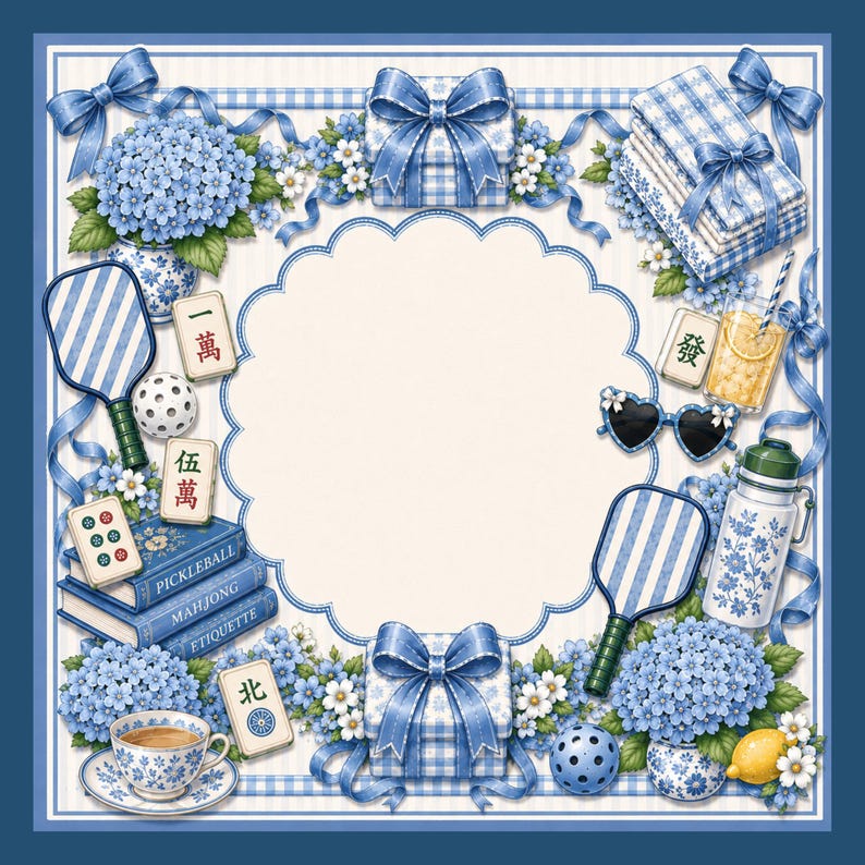 May include: A decorative illustration with a blue and white theme. It features a variety of objects, including a pickleball paddle, a cup of tea, books, and a gift box, all arranged around a central, scalloped frame. Hydrangeas and ribbons add to the aesthetic.