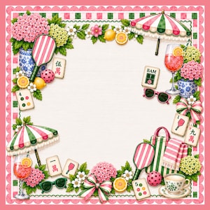May include: A square decorative frame featuring pink and green gingham borders, adorned with illustrations of pickleball paddles, mahjong tiles with characters and symbols, pink hydrangeas, striped umbrellas, sunglasses, citrus slices, and drinks.
