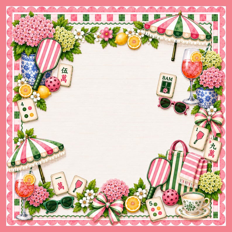 May include: A square decorative frame featuring pink and green gingham borders, adorned with illustrations of pickleball paddles, mahjong tiles with characters and symbols, pink hydrangeas, striped umbrellas, sunglasses, citrus slices, and drinks.