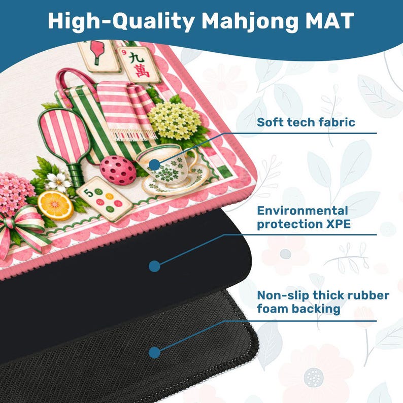 Pickleball Mahjong Mat | Summer Club Aesthetic Pink Green Mahjong Table Mat, Garden Party Pickleball Coastal Summer Mahjong Table Mat image 5