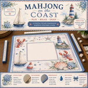 May include: A coastal-themed Mahjong game set with a blue and white nautical design. The set includes a playing mat with sailboats, a lighthouse, and lobster illustrations. The text on the mat reads "Mahjong on the Coast".