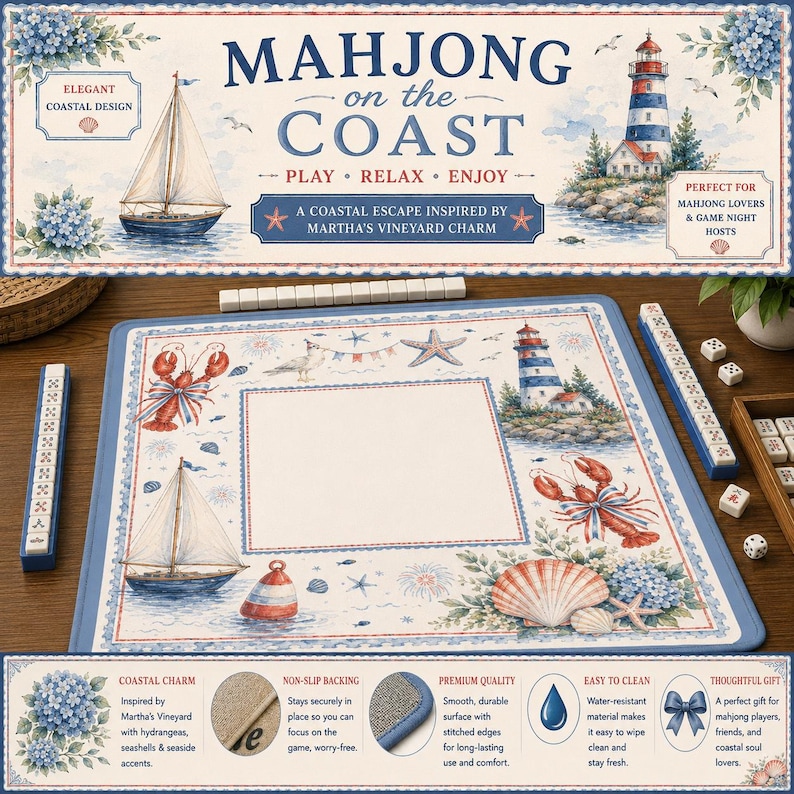 May include: A coastal-themed Mahjong game set with a blue and white nautical design. The set includes a playing mat with sailboats, a lighthouse, and lobster illustrations. The text on the mat reads "Mahjong on the Coast".