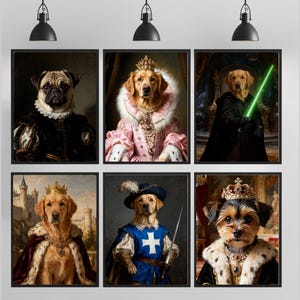May include: A set of six framed wall art prints featuring anthropomorphic dogs dressed in historical and fantasy costumes, including a pug in black, a golden retriever as a queen, a Jedi-inspired dog, a king, a knight, and a crowned small dog.