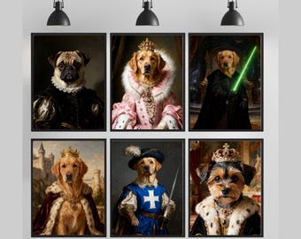 Aangepast koninklijk huisdierportret van foto, renaissancestijl hond kat kunst, dierenschilderij