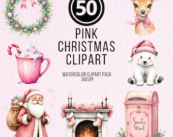 Bundle de cliparts aquarelle Noël rose, coquette vacances PNG, père Noël, renne, cheminée, graphiques de Noël, téléchargement immédiat