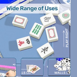 Puede incluir: Un conjunto de fichas de Mahjong blancas con s&iacute;mbolos y marcas rojas, verdes y negras, dispersas sobre una superficie azul. La imagen incluye el texto "Wide Range of Uses" e ilustraciones de otros juegos.