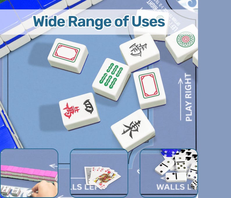 Puede incluir: Un conjunto de fichas de Mahjong blancas con s&iacute;mbolos y marcas rojas, verdes y negras, dispersas sobre una superficie azul. La imagen incluye el texto "Wide Range of Uses" e ilustraciones de otros juegos.