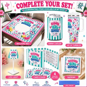 May include: A collection of Mahjong-themed accessories, including a mat, drink cooler, tumbler, LED light, card cover, and napkins. Each item features the text "Mahjong Girl Summer" with a pink, teal, and white color scheme. The image also includes a line finder.