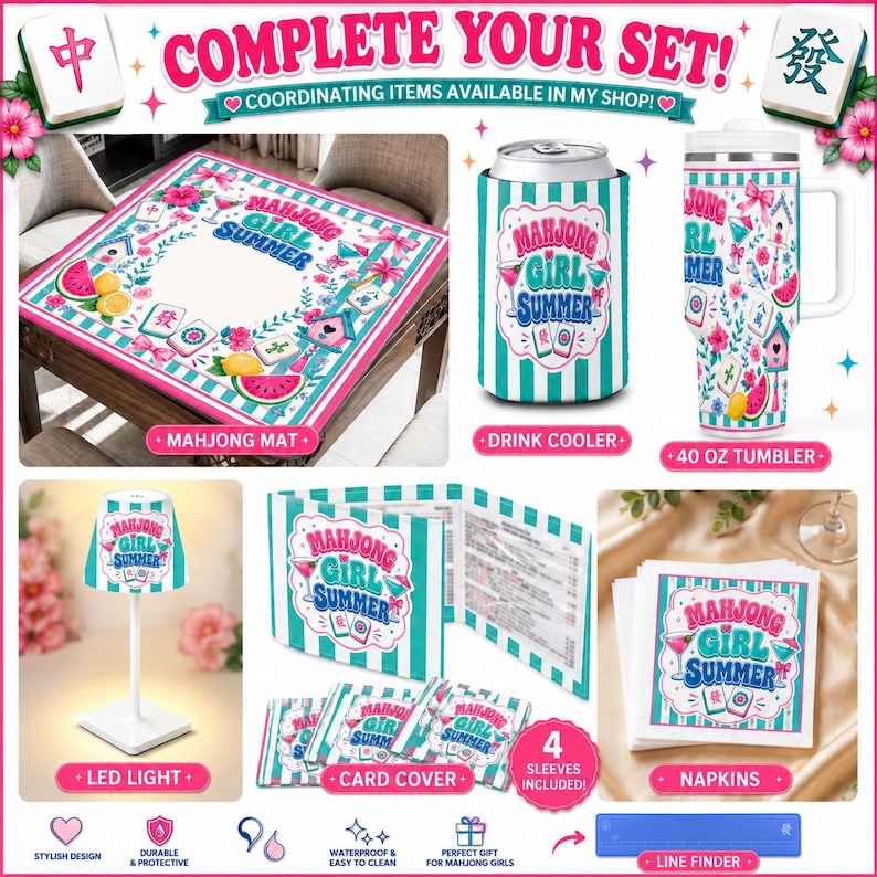 May include: A collection of Mahjong-themed accessories, including a mat, drink cooler, tumbler, LED light, card cover, and napkins. Each item features the text "Mahjong Girl Summer" with a pink, teal, and white color scheme. The image also includes a line finder.