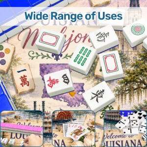 Puede incluir: Una colecci&oacute;n de fichas de Mahjong blancas con varios s&iacute;mbolos negros, rojos y verdes, incluyendo caracteres y c&iacute;rculos. Las fichas se muestran sobre un fondo con un mapa de Luisiana y el texto Wide Range of Uses.