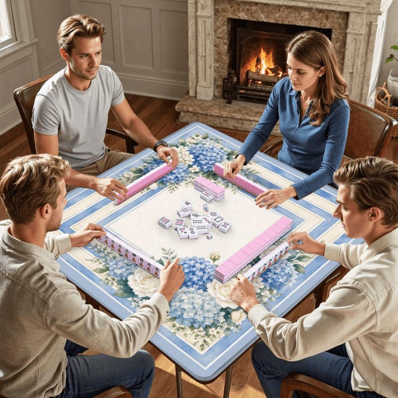 Op de afbeelding: Vier mensen spelen Mahjong rond een vierkante tafel. De tafel heeft een bloemenontwerp met blauwe en witte hortensia's. Roze tegelhouders en tegels zijn zichtbaar. De spelers zitten op stoelen.