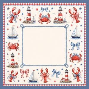 K&ouml;nnte beinhalten: Quadratisches Design zum Thema Nautik mit cremefarbenem Mittelteil, umrahmt von einem rot-blauen Vichy-Karo-Rand. Das Design zeigt Illustrationen von roten Hummern, Krabben, Segelbooten, Leuchtt&uuml;rmen und blauen Schleifen, mit roten und blauen Sternen.