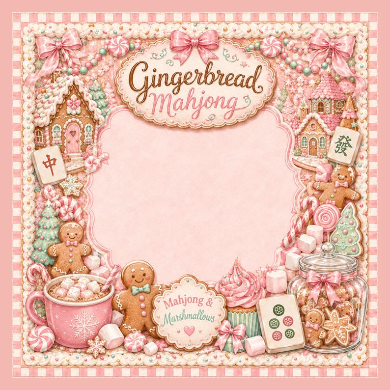 May include: A square decorative frame featuring a gingerbread theme with pink bows, candy canes, marshmallows, and gingerbread houses. The text reads Gingerbread Mahjong and Mahjong & Marshmallows. Mahjong tiles are integrated into the design.