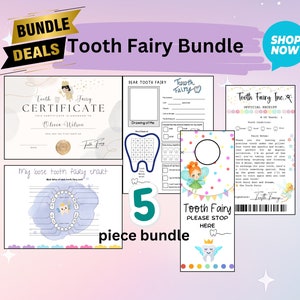 Kit de cartas del Hada de los Dientes / Imprimible editable para certificado de primer diente perdido, etiqueta para puerta, nota, regalo especial del Hada de los Dientes y recuerdo para niños