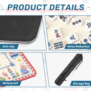 May include: Product details image showing a black anti-slip surface, a close-up of Mahjong tiles, a waterproof mat with a nautical design, and a black storage bag. The image highlights features like noise reduction and storage.