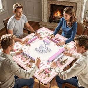 May include: A square mahjong table cover featuring a festive pink and white plaid border with illustrations of dogs wearing sweaters, gifts, and snowflakes. The center is white with a scalloped edge, holding a collection of white mahjong tiles.