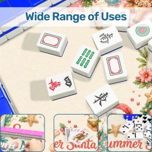 May include: A selection of white Mahjong tiles, each with unique symbols and coloured borders, are displayed. The image includes the text "Wide Range of Uses". Other games such as dominoes and playing cards are also shown.