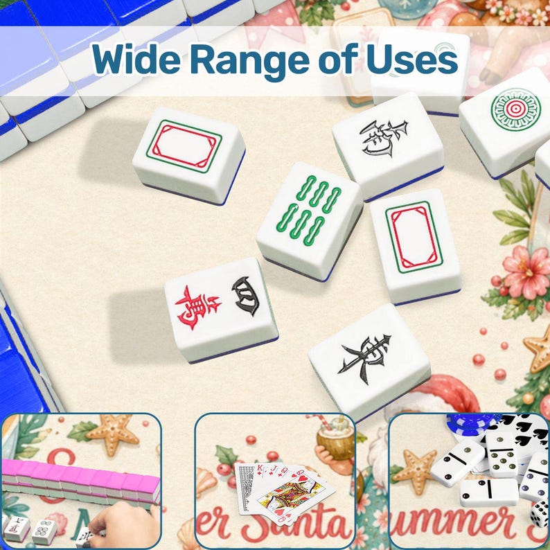 May include: A selection of white Mahjong tiles, each with unique symbols and coloured borders, are displayed. The image includes the text "Wide Range of Uses". Other games such as dominoes and playing cards are also shown.