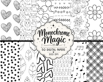 Black and White Digital Papers, 50 Monochrome Patterns, Seamless Printable Backgrounds, Scrapbook Paper Pack
