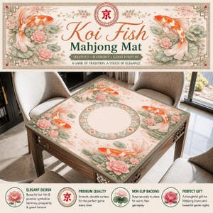 May include: A square mahjong mat featuring a light cream background with orange and white koi fish swimming among pink peony flowers and green lily pads. The mat has a circular central border with a floral pattern and a decorative frame.