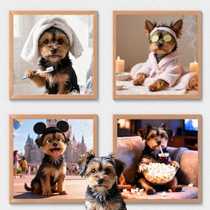 May include: Four framed prints featuring Yorkshire Terriers in various scenarios. One dog is brushing its teeth with a towel on its head. Another is in a spa robe with cucumber slices on its eyes. A third is wearing a Mickey Mouse hat. The last is eating popcorn.