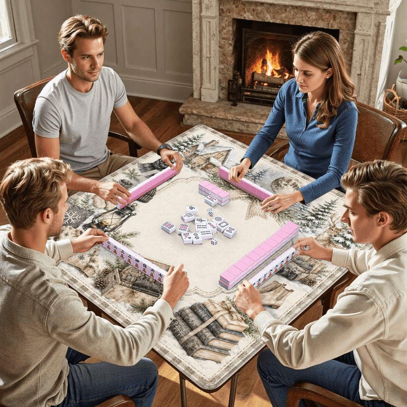 K&ouml;nnte beinhalten: Ein quadratischer Spieltisch mit einer winterlichen Oberfl&auml;che, die Illustrationen von Tannenb&auml;umen, einer Laterne und gestapelten B&uuml;chern zeigt. Der Tisch ist f&uuml;r ein Spiel mit vier rosa Fliesenhaltern und einem zentralen Haufen wei&szlig;er Spielsteine.