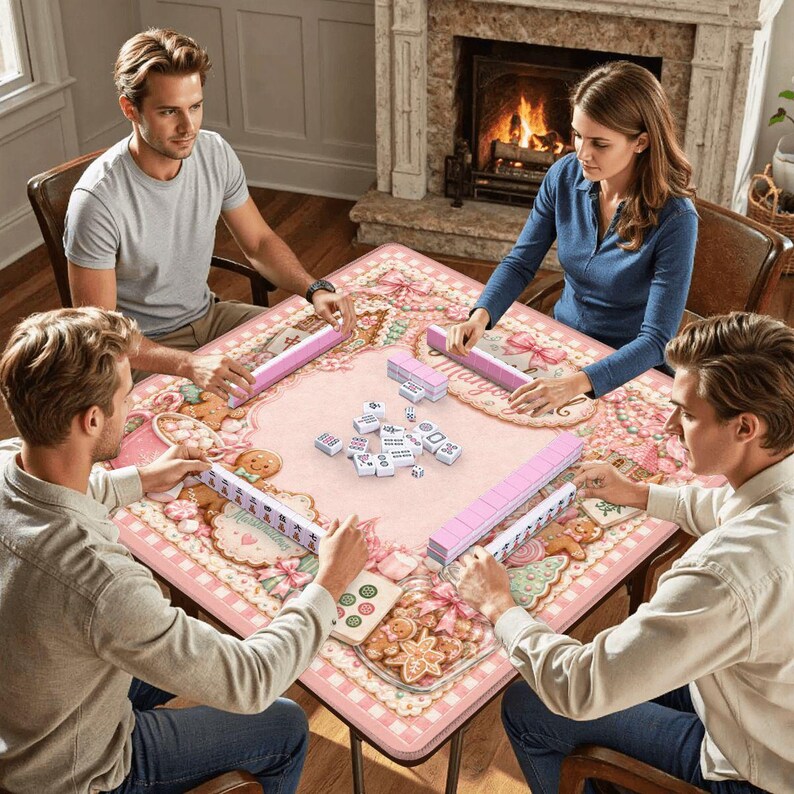 May include: A square mahjong table covered with a pink mat featuring a gingerbread cookie pattern. Four people are seated around the table, which holds white mahjong tiles with black characters and pink tile racks. The table has a festive design.