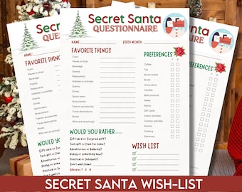 Secret Santa Questionnaire, Christmas Gift Exchange Form, Office Gift Exchange, Holiday present Guide, Christmas Wish List