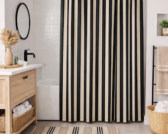 Black and Beige Striped Shower Curtain, Designer Bathroom Decor