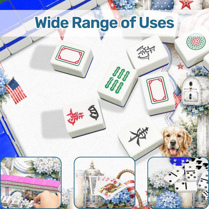 May include: A set of white mahjong tiles with green, red, and black characters and symbols. The tiles are displayed alongside playing cards and dominoes. The text "Wide Range of Uses" is visible at the top of the image.