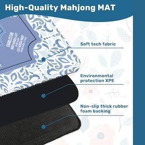 May include: A high-quality Mahjong mat with a blue and white floral pattern. The mat features a soft tech fabric, environmental protection XPE, and a non-slip thick rubber foam backing. The text "High-Quality Mahjong MAT" is at the top.