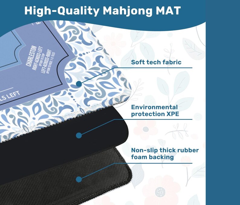 May include: A high-quality Mahjong mat with a blue and white floral pattern. The mat features a soft tech fabric, environmental protection XPE, and a non-slip thick rubber foam backing. The text "High-Quality Mahjong MAT" is at the top.