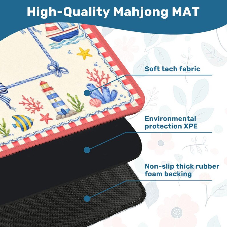 May include: A high-quality Mahjong mat with a nautical design featuring a lighthouse, boat, and marine life. The mat has a soft tech fabric surface, environmental protection XPE, and a non-slip thick rubber foam backing.