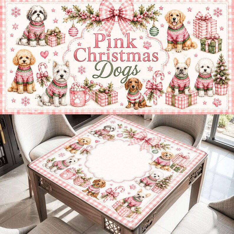 May include: A square tablecloth featuring a repeating pattern of various dog breeds wearing pink and green patterned sweaters, interspersed with pink gift boxes, candy canes, and holly, all framed by a pink and white checkered border.