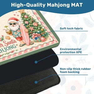 May include: A Mahjong mat with a festive Christmas design, showing Santa Claus with a surfboard. The mat has a soft tech fabric, environmental protection XPE, and a non-slip thick rubber foam backing. The text "High-Quality Mahjong MAT" is at the top.