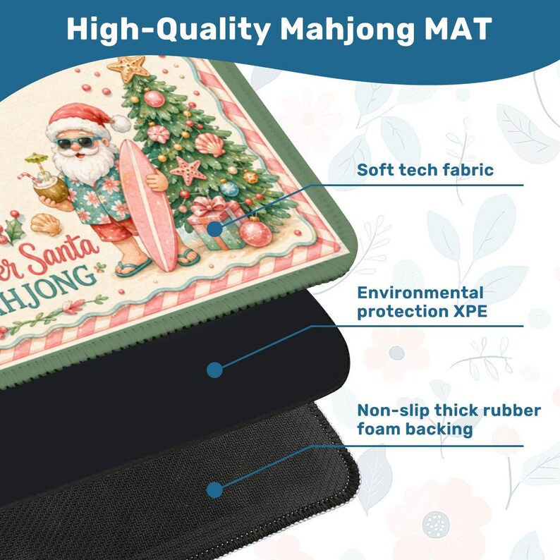 May include: A Mahjong mat with a festive Christmas design, showing Santa Claus with a surfboard. The mat has a soft tech fabric, environmental protection XPE, and a non-slip thick rubber foam backing. The text "High-Quality Mahjong MAT" is at the top.