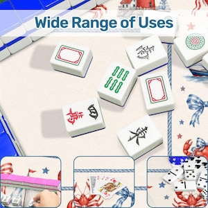 K&ouml;nnte beinhalten: Wei&szlig;e Mahjong-Steine mit roten, gr&uuml;nen und schwarzen Symbolen und Designs. Das Bild zeigt auch Spielkarten, Dominosteine und andere Spielsteine, mit dem Text "Wide Range of Uses" oben.