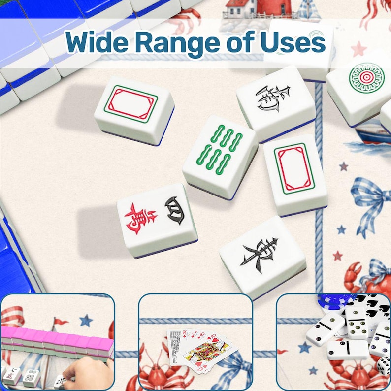 K&ouml;nnte beinhalten: Wei&szlig;e Mahjong-Steine mit roten, gr&uuml;nen und schwarzen Symbolen und Designs. Das Bild zeigt auch Spielkarten, Dominosteine und andere Spielsteine, mit dem Text "Wide Range of Uses" oben.