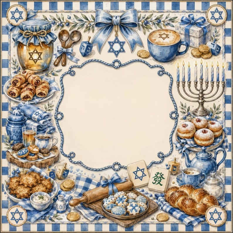 May include: A watercolour illustration depicting Jewish holiday items. The image includes a menorah, challah bread, sufganiyot, cookies, and a Star of David. The colour scheme is mainly blue and white, with gold and brown accents.