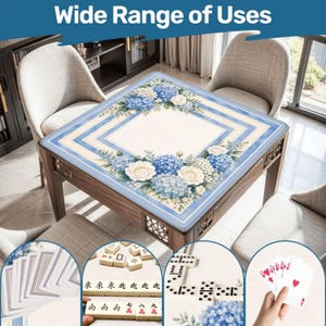 Op de afbeelding: Een vierkante tafel met een bloemenontwerp, met blauwe hortensia's en witte rozen, wordt getoond. De tafel is omringd door stoelen. De afbeelding bevat bovenaan de tekst "Wide Range of Uses" en voorbeelden van kaartspellen, domino's en mahjong.