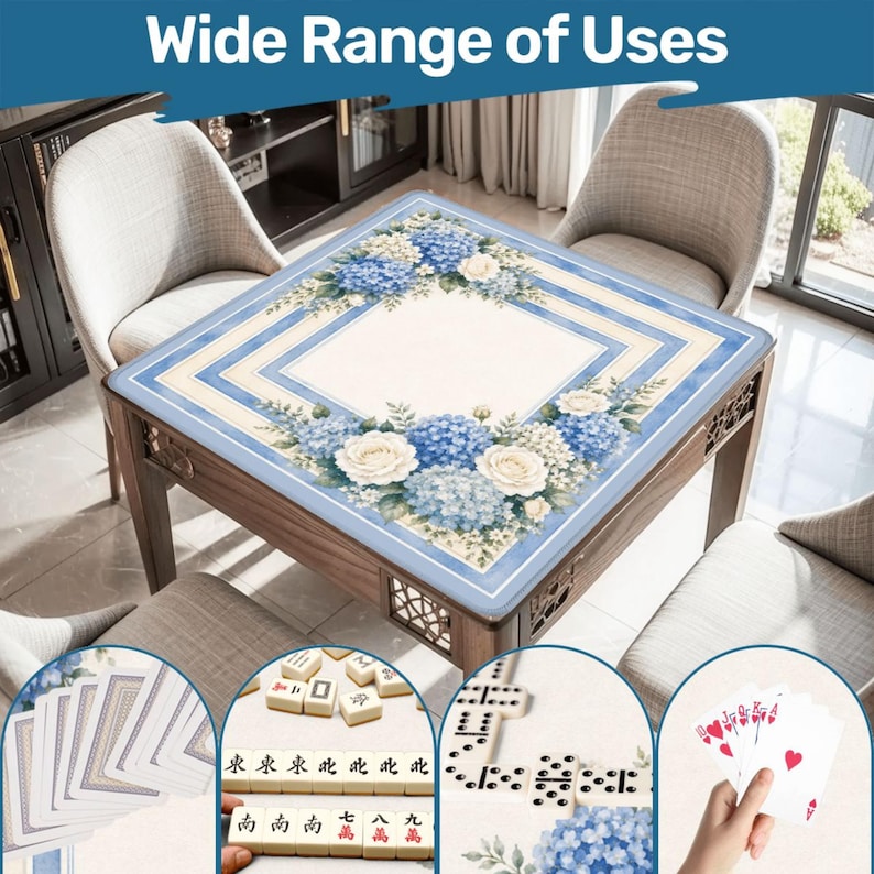 Op de afbeelding: Een vierkante tafel met een bloemenontwerp, met blauwe hortensia's en witte rozen, wordt getoond. De tafel is omringd door stoelen. De afbeelding bevat bovenaan de tekst "Wide Range of Uses" en voorbeelden van kaartspellen, domino's en mahjong.