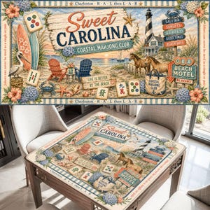 May include: A rectangular table mat featuring a coastal scene with a lighthouse, horses, surfboards, and mahjong tiles. The text reads Sweet Carolina Coastal Mahjong Club, Life is Better by the Beach, and Beach Motel. The border includes floral accents.