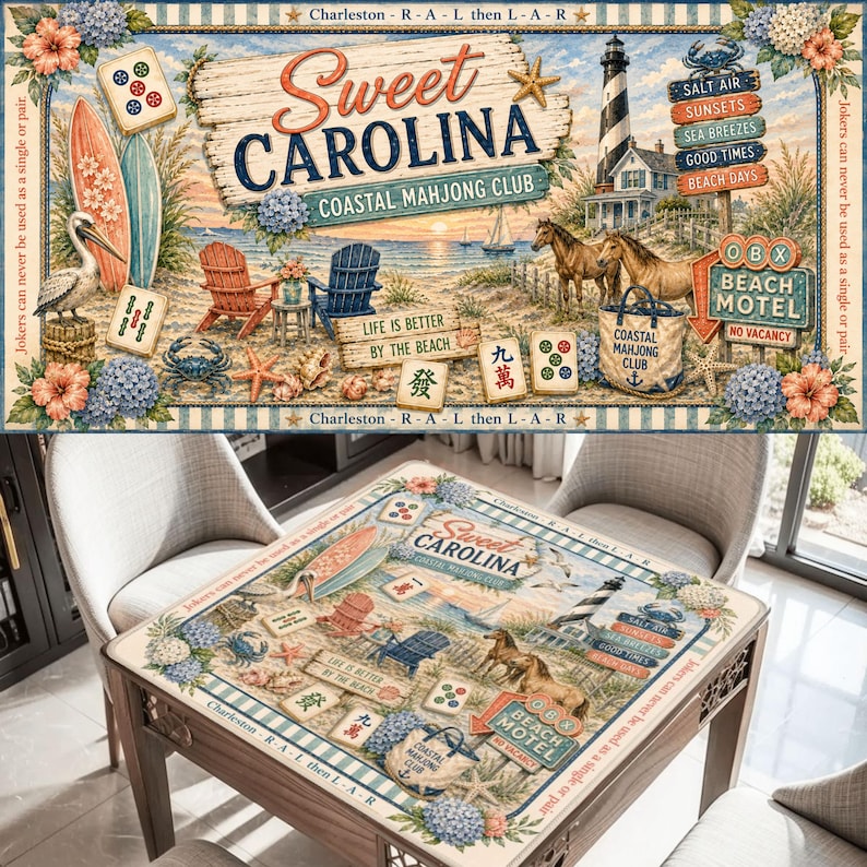 May include: A rectangular table mat featuring a coastal scene with a lighthouse, horses, surfboards, and mahjong tiles. The text reads Sweet Carolina Coastal Mahjong Club, Life is Better by the Beach, and Beach Motel. The border includes floral accents.